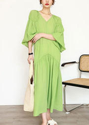 Organic Green V Neck Wrinkled Patchwork Long Dresses Lantern Sleeve