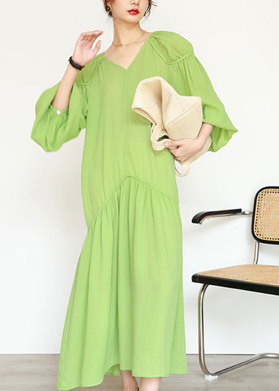 Organic Green V Neck Wrinkled Patchwork Long Dresses Lantern Sleeve