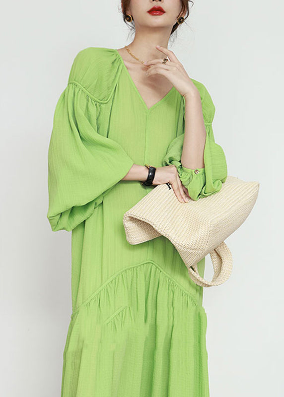 Organic Green V Neck Wrinkled Patchwork Long Dresses Lantern Sleeve