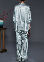 Organic Grey Oversized Print Chinese Button Silk Two Pieces Set Fall