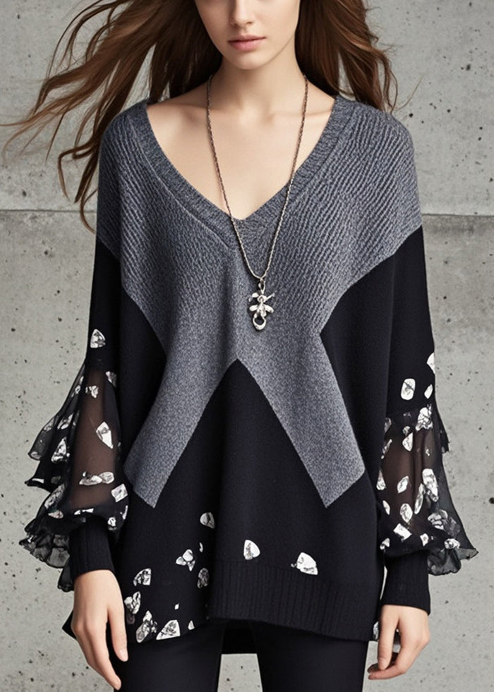 Organic Grey V Neck Patchwork Print Knit Sweater Fall