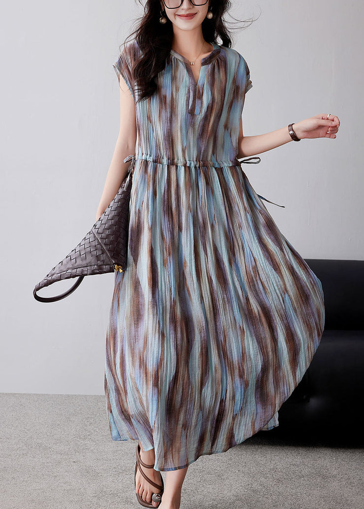 Organic Khaki Cinched Tie Dye Chiffon Maxi Dresses Summer