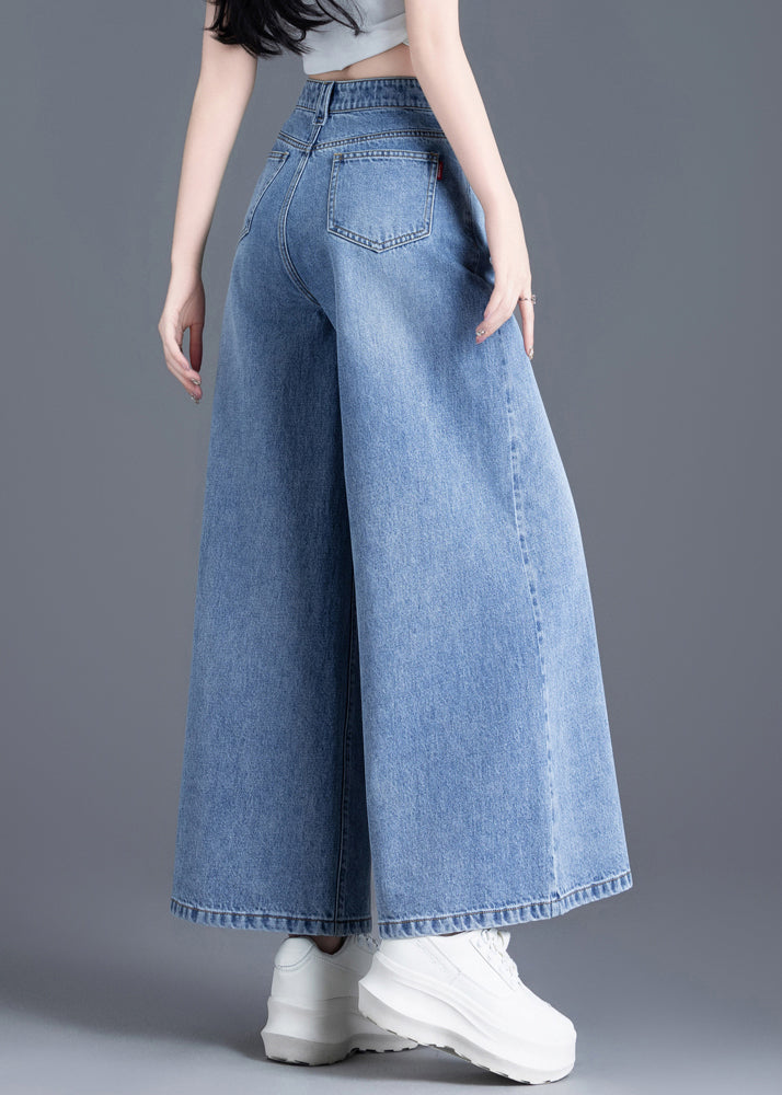 Organic Light Blue Pockets Denim Wide Leg Pants Summer