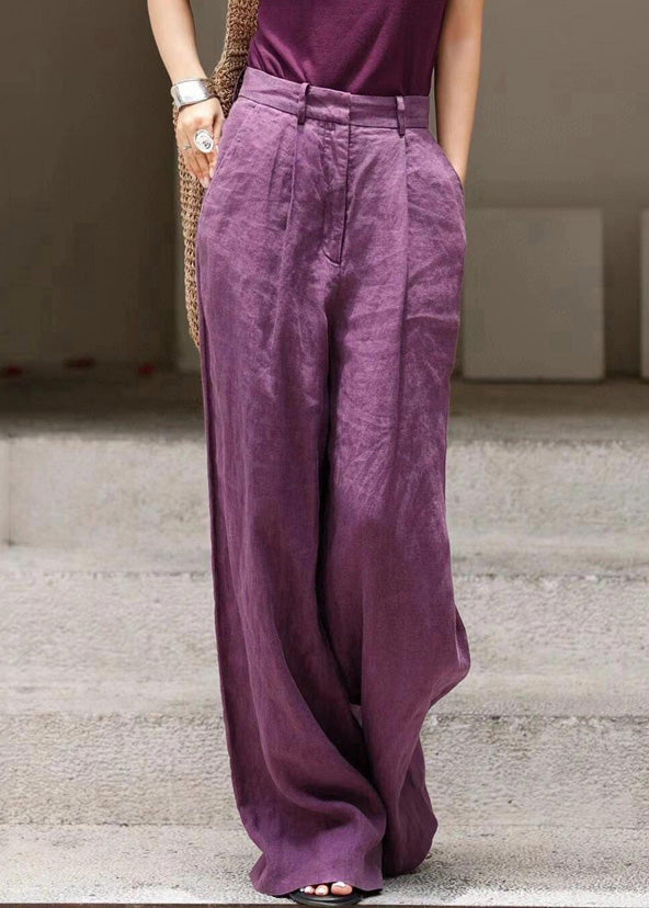 Organic Purple Pockets High Waist Linen Wide Leg Pants Fall