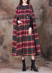 Organic Rose Plaid Double Breast Woolen Coats Cloak Sleeves