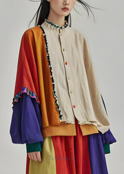 Organic Stand Collar Ruffled Patchwork Cotton Coats Lantern Sleeve