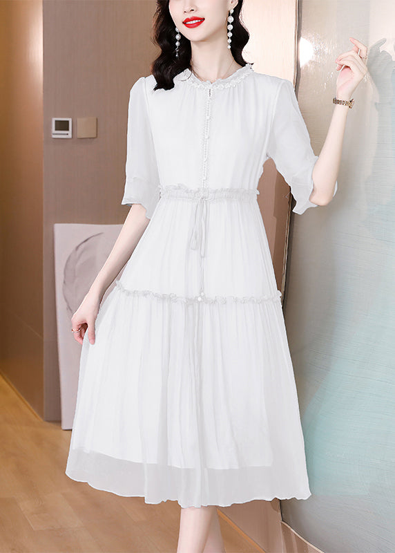 Organic White Ruffled Patchwork Drawstring Silk Dress Summer