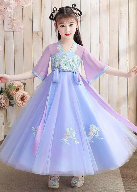 Oriental Purple Embroideried Tie Waist Patchwork Chiffon Kids Girls Dresses Summer