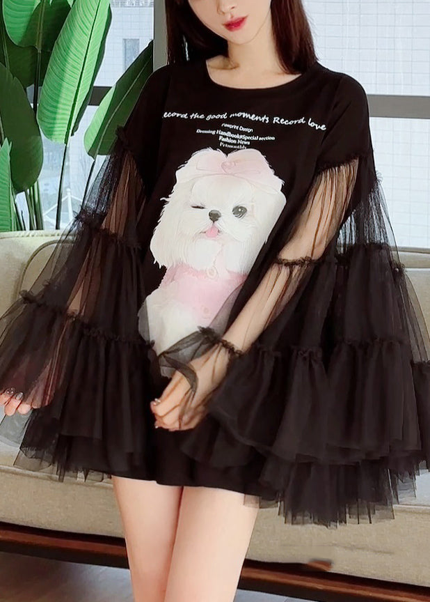 Original Black Print Tulle Patchwork T Shirt Dress Long Sleeve