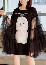 Original Black Print Tulle Patchwork T Shirt Dress Long Sleeve