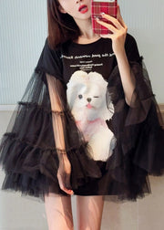 Original Black Print Tulle Patchwork T Shirt Dress Long Sleeve