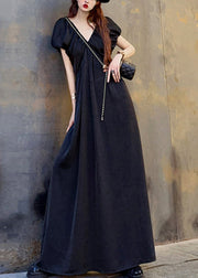 Original Champagne V Neck Wrinkled Cotton Maxi Dress Summer