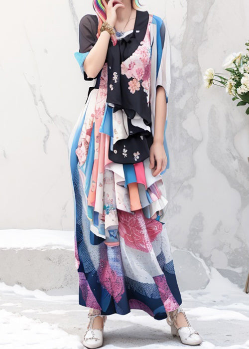 Original Colorblock Print Wrinkled Silk Long Dress Half Sleeve