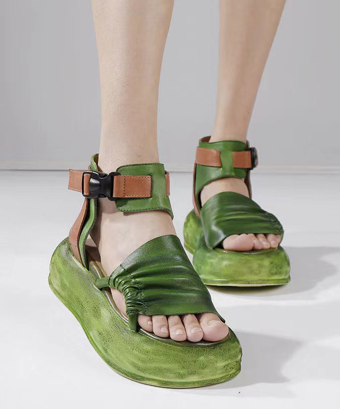 Original Design Green Cowhide Leather Platform Sandals Peep Toe