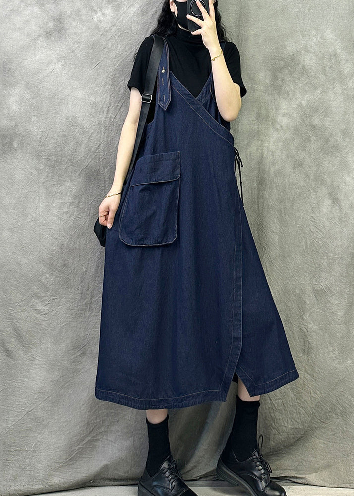 Original Design Navy Patchwork Denim Spaghetti Strap Dresses Spring