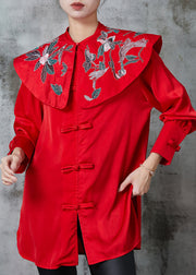 Original Design Red Embroidered Chinese Button Blouse Tops Spring