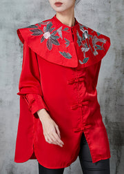 Original Design Red Embroidered Chinese Button Blouse Tops Spring