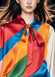 Original Design Style Colorblock Bow Silk Tops Summer