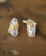 Original Design White Stainless Steel Pearl Red Crowned Crane Stud Earrings