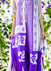 Original Purple Button Print Patchwork Silk Dress Half Sleeve