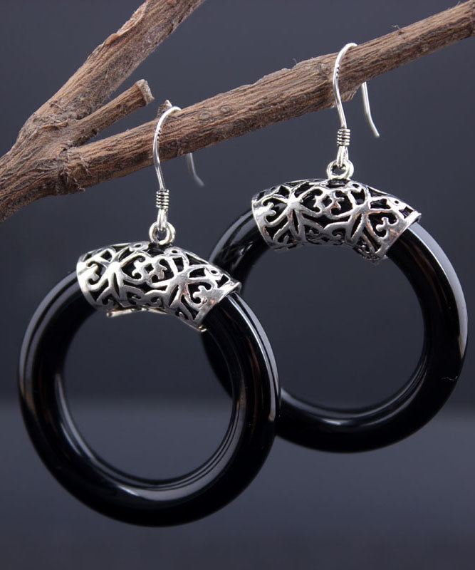 Oversize Black Sterling Silver Agate Circle Hoop Earrings