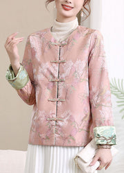 Pink Button Print Silk Coats V Neck Long Sleeve