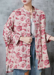 Pink Print Cotton Coat Outwear Chinese Button Spring