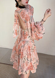 Pink Print Patchwork Chiffon Mid Dress Ruffled Long Sleeve