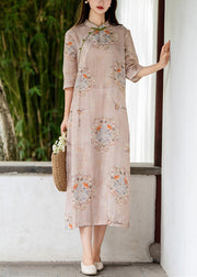 Pink Side Open Print Linen Long Dresses Stand Collar Summer