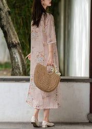 Pink Side Open Print Linen Long Dresses Stand Collar Summer