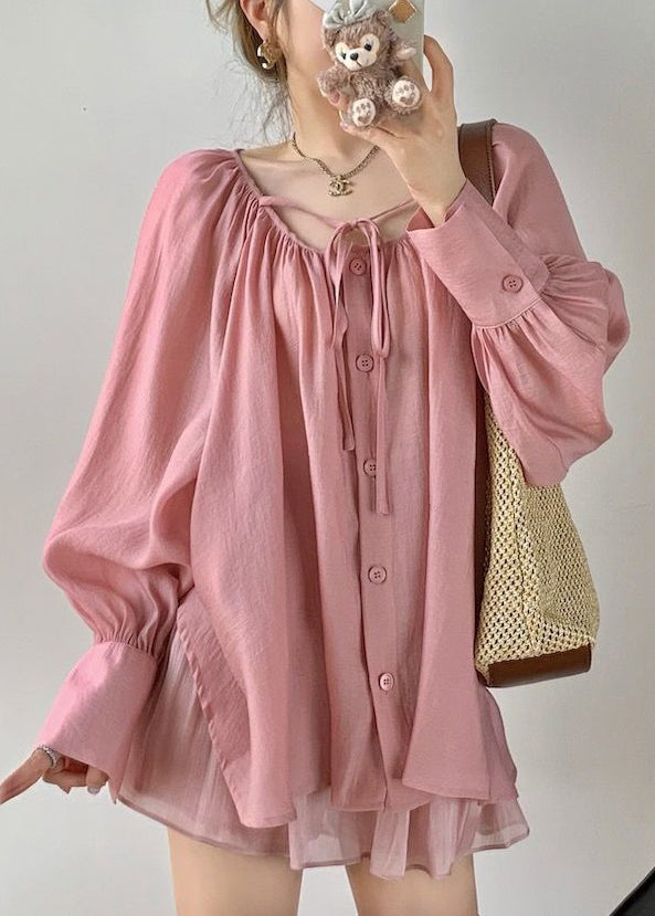 Pink Wrinkled Loose Cotton Blouse O Neck Spring