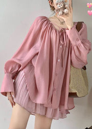 Pink Wrinkled Loose Cotton Blouse O Neck Spring