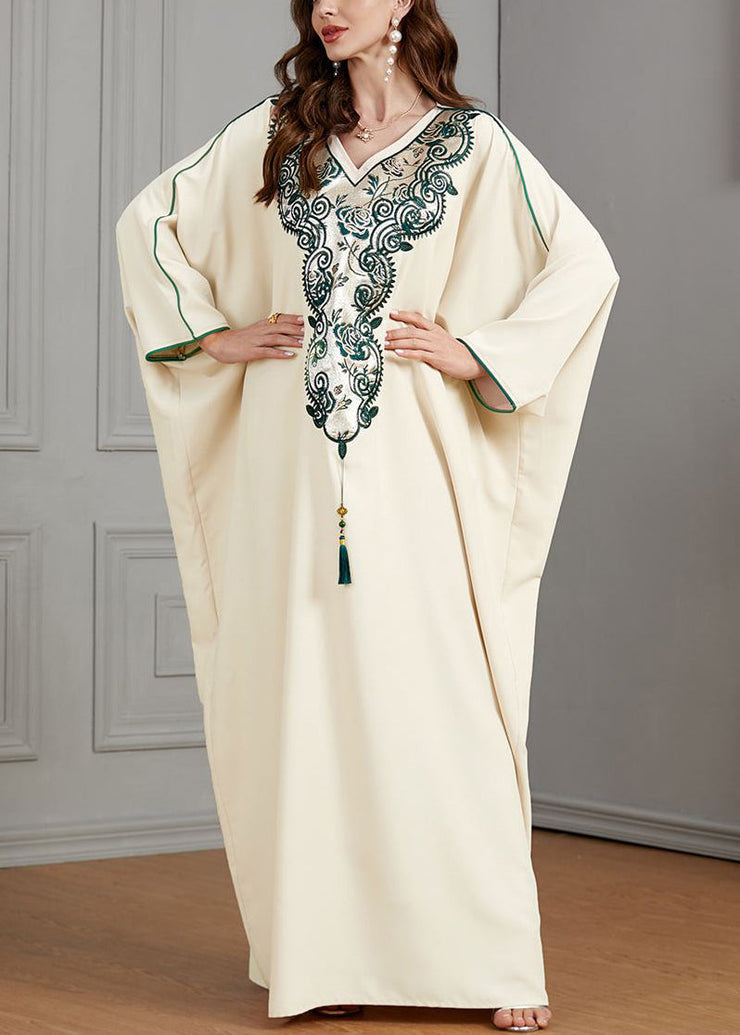 Plus Size Beige Embroidered Tasseled Cotton Dresses Batwing Sleeve