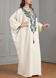 Plus Size Beige Embroidered Tasseled Cotton Dresses Batwing Sleeve