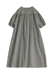 Plus Size Black O Neck Plaid Ruffled Patchwork Cotton Dress Summer