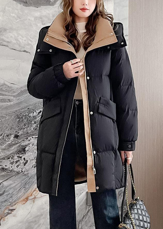 Plus Size Black Zippered Hooded Pockets Duck Down Coat Winter