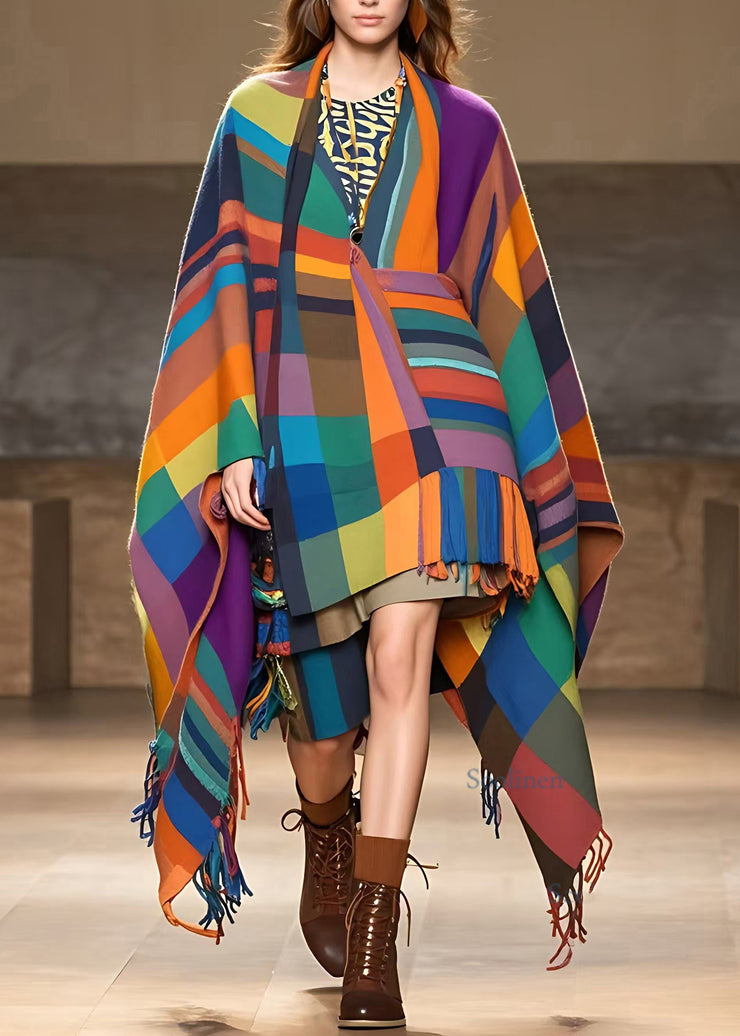 Plus Size Fitted Rainbow V Neck Tassel Long Coats Fall