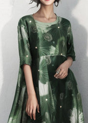 Plus Size Green O Neck Print Cotton Dress Half Sleeve