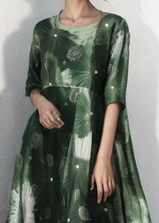 Plus Size Green O Neck Print Cotton Dress Half Sleeve