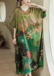 Plus Size Green O Neck Print Silk Long Dresses Summer