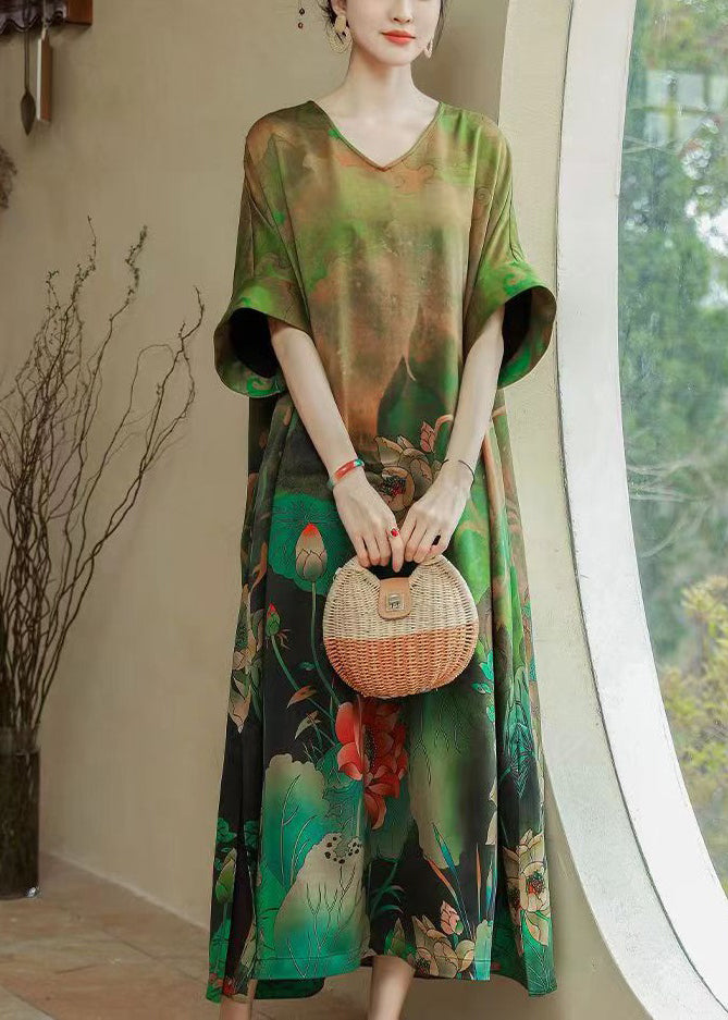 Plus Size Green O Neck Print Silk Long Dresses Summer