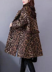 Plus Size Leopard Ruffled Pockets Thick Woolen Coats Long Sleeve