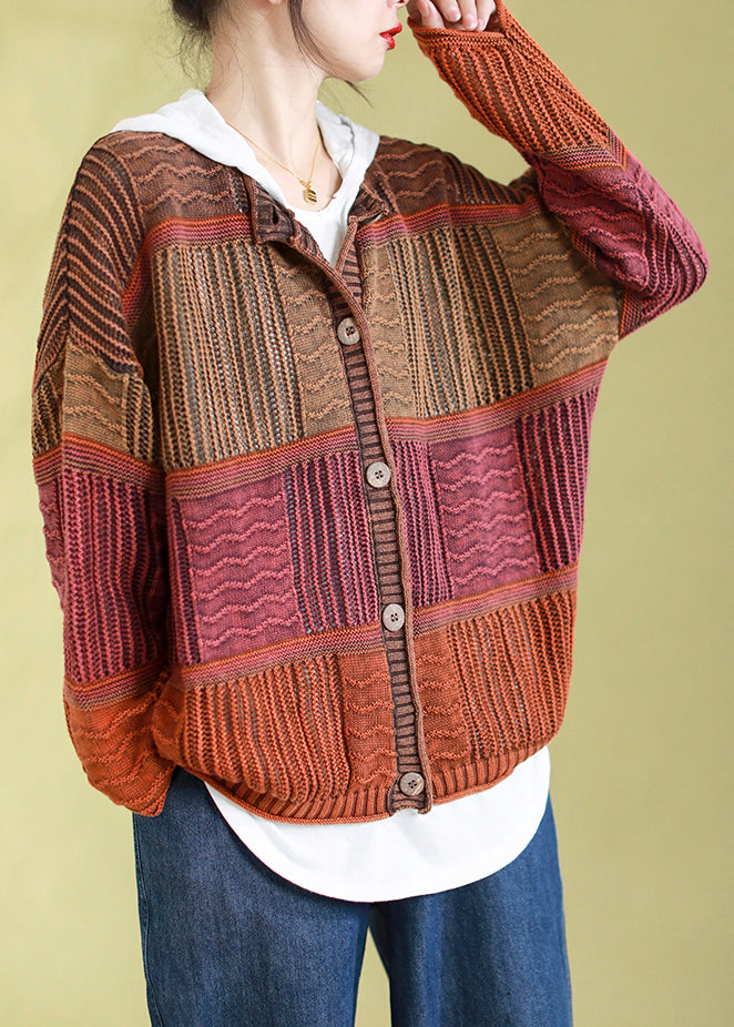 Plus Size Orange O Neck Button Patchwork Knit Cardigans Spring