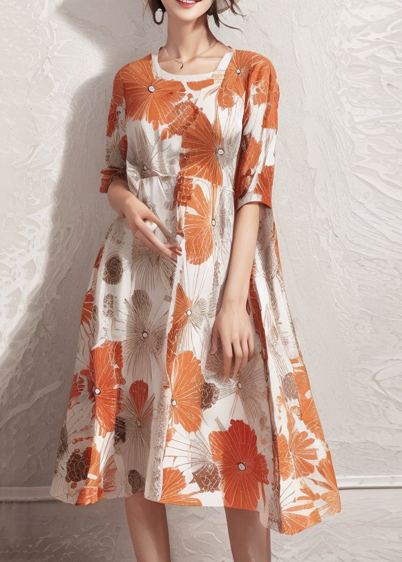 Plus Size Orange Print High Waist Cotton Dresses Half Sleeve