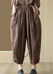 Plus Size Original Coffee Pockets Elastic Waist Linen Crop Pants Summer