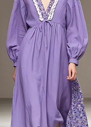 Plus Size Purple V Neck High Waist Patchwork Cotton Maxi Dress Fall