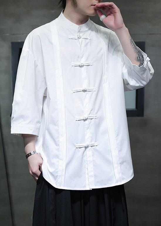 Plus Size White Button Solid Silk Cotton Men Shirts Bracelet Sleeve