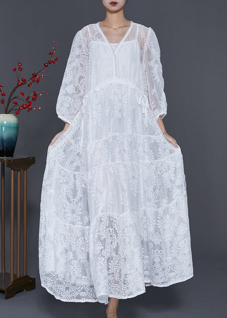 Plus Size White Embroidered Lace Maxi Dresses Spring