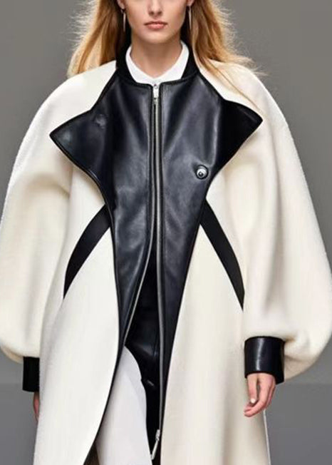 Plus Size White Oversized Patchwork Woolen Coat Outwear Fall