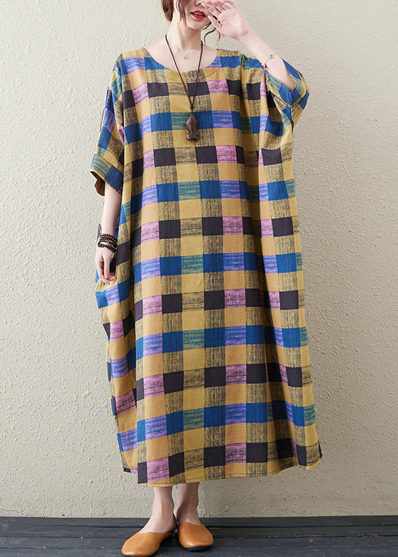 Plus Size Yellow Plaid O Neck Print Cotton Long Dress Half Sleeve